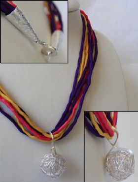 Colored ribbon necklace with silver ball