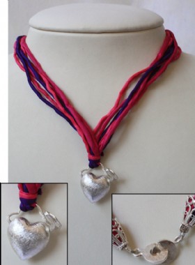 Colored ribbon necklace-silver heart