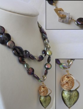Green/purple pearls-murano heart necklace