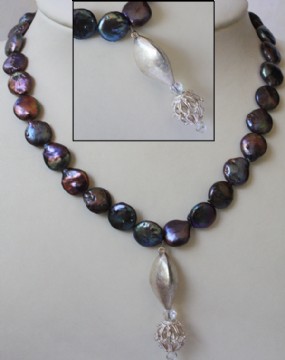 Flat purple pearls with silver necklace