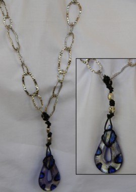 Large metallic silver chain with blue teardrop murano