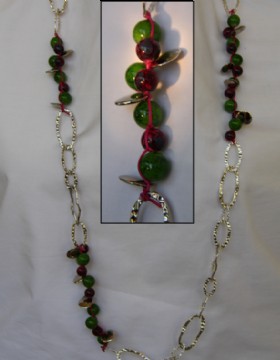 Large silver metallic chain-green and burgundy glass beads