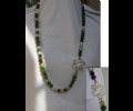 Green-burgundy beads-silver flowers necklace